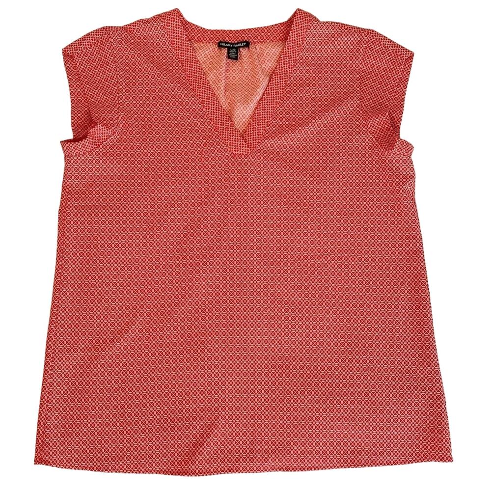 Hilary Radley Red and White V-neck Top with Cap Sleeves - Large